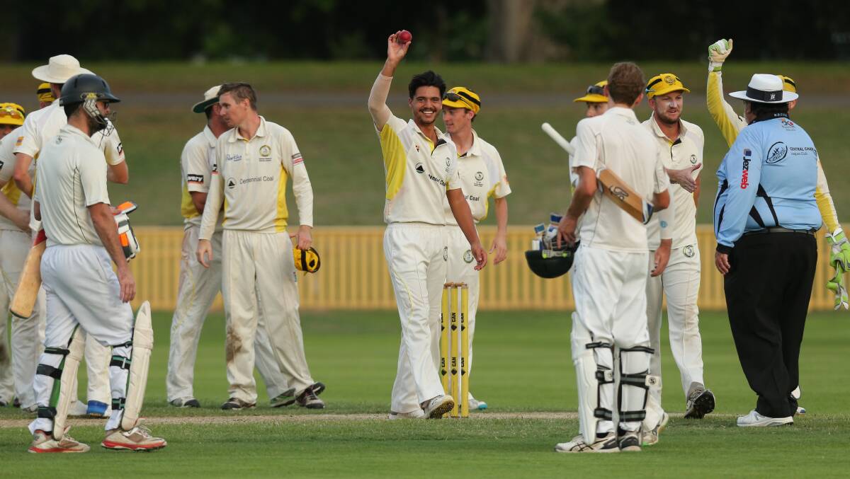 JOB DONE: Toronto's Griffin Lea, with ball, and team-mates celebrate claiming the last wicket needed for victory against Charlestown at No 1 Sportground on Sunday. Picture: Max Mason-Hubers
