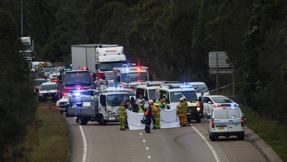 TRAGEDY: Emergency services on the M1 on Sunday after a woman and young boy were killed after being struck by a truck. Picture: Max Mason-Hubers