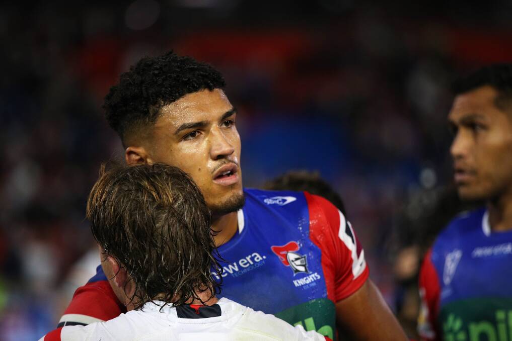 Kai Pearce-Paul after the Knights' loss to the Roosters. Picture by Peter Lorimer