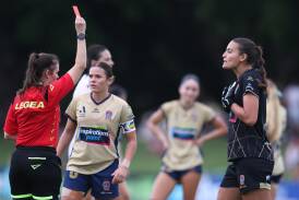 Newcastle Jets goalkeeper Izzy Nino is given her marching orders in stoppage time against Melbourne Victory at No.2 Sportsground on Saturday. Picture Getty