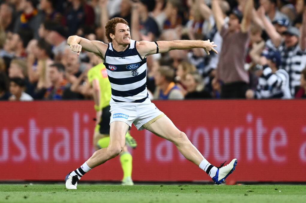 SCOREBOARD PRESSURE: Gary Rohan celebrates one of his three goals against Brisbane in the preliminary final. Picture: Getty Images 