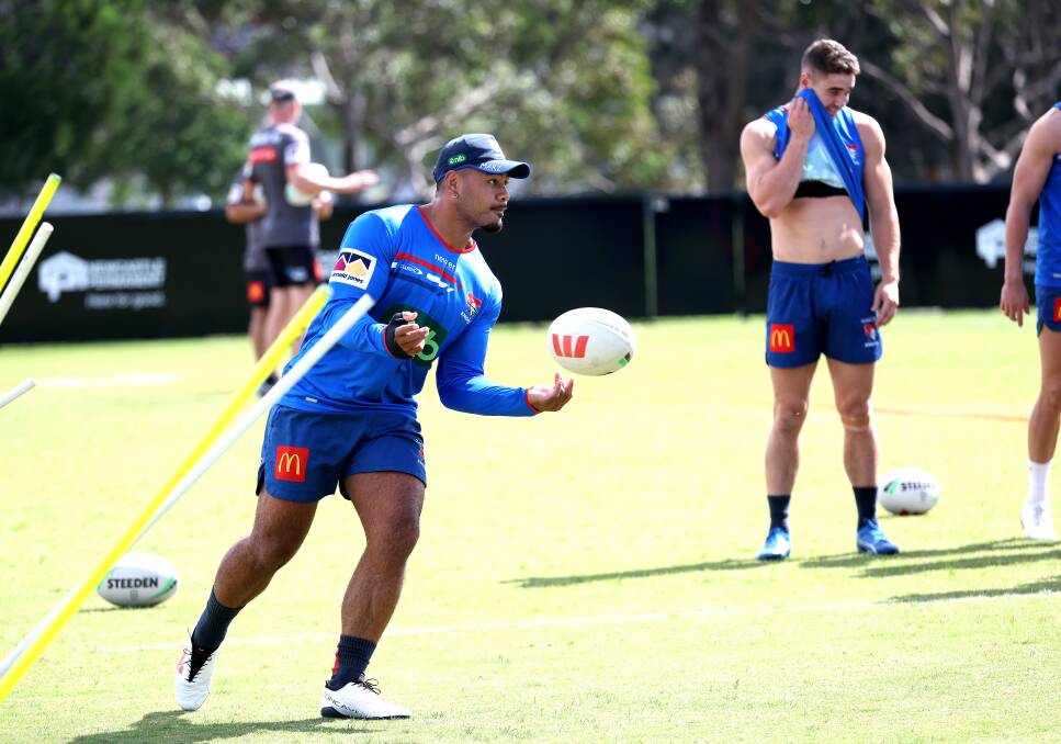 Newcastle Knights winger Greg Marzhew at training on Monday. Picture by Peter Lorimer 