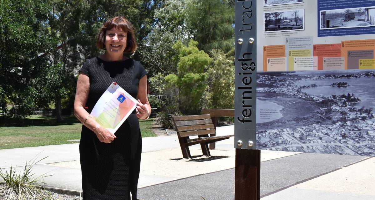Mayor of Lake Macquarie, Councillor Kay Fraser, at the Belmont end of the Fernleigh Track. An extension of the Track is proposed under the draft Belmont Development Contributions Plan.