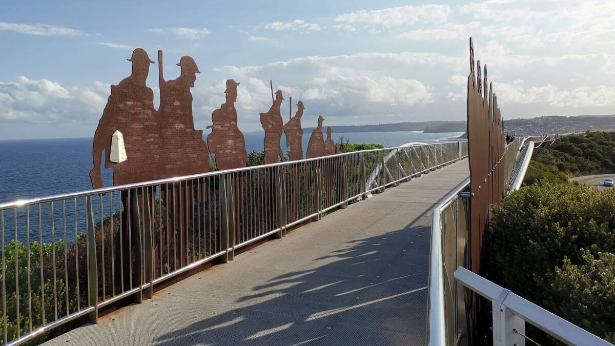 MILITARY STEEL: Newcastle's Anzac Walk, completed in 2015 on the cliffs next to another pathway with a commemorative theme, Memorial Drive, the road running south to Bar Beach. Picture: Graeme Bray, Places of Pride