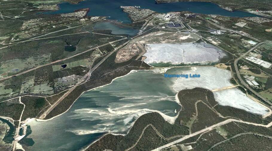 Proximity: An overhead view of Lake Macquarie shows the extent of the Vales Point Power Station coal ash dam.  