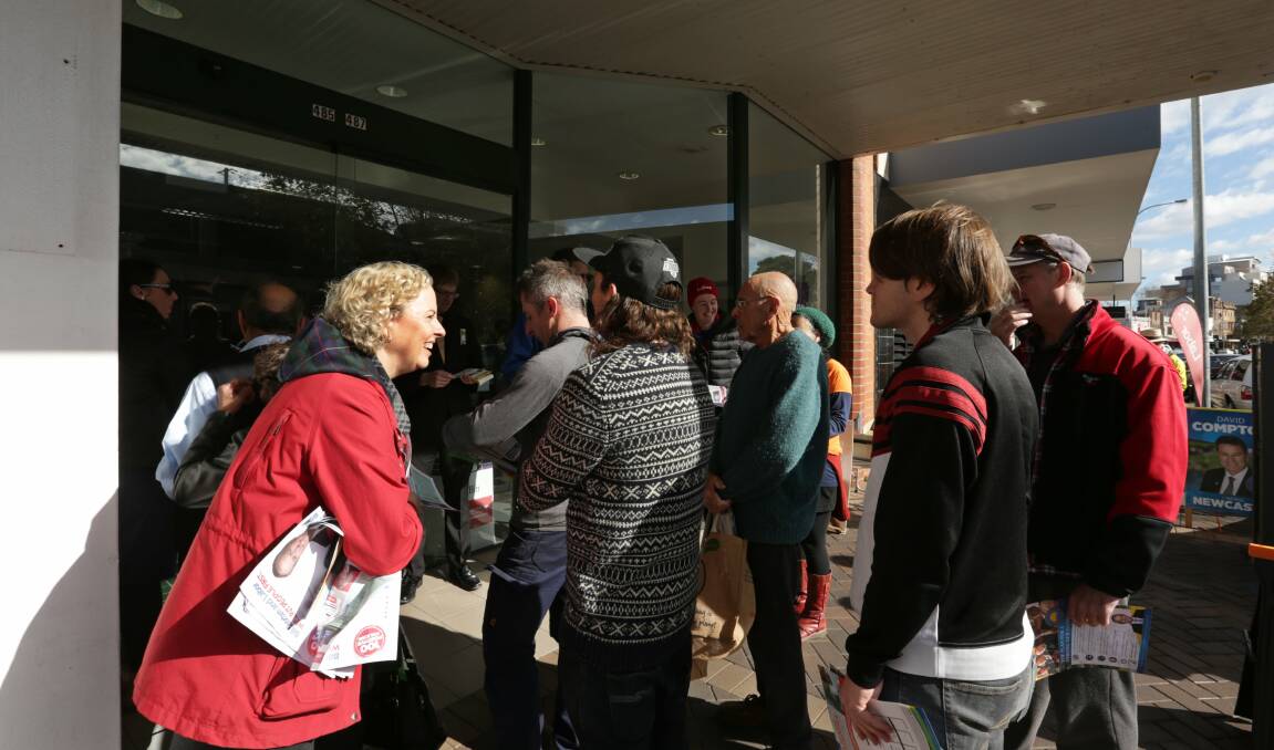 CAMPAIGNING: Sharon Claydon outside a pre-polling booth in Hunter Street in Newcastle during the 2016 Federal election. Picture: Simone De Peak
