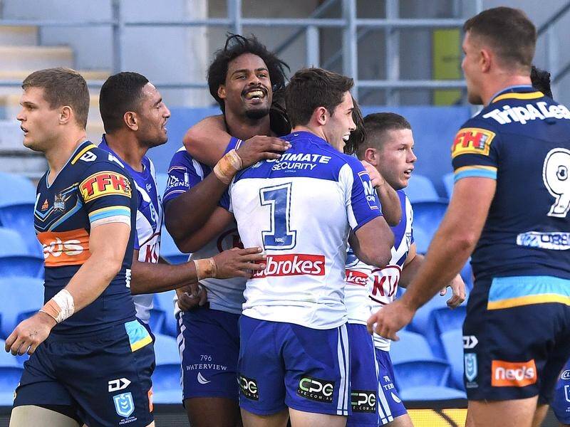 Jayden Okunbor (3L) has scored two tries in Canterbury's 22-16 comeback NRL defeat of Gold Coast.