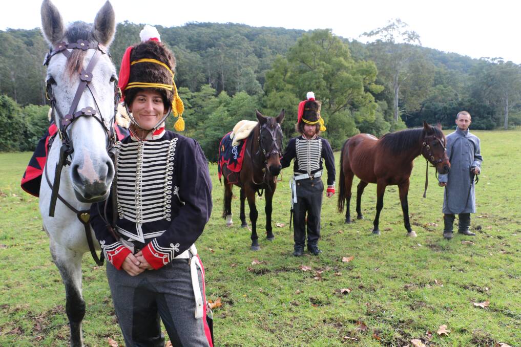REMAKING HISTORY: Sasha Buchmann is in Belgium to re-enact the Battle of Waterloo. She’s pictured at Martinsville with colleagues from her 18th century calvary re-enactment group, Simon Turner, left, and Chris Ayoub. Picture: David Stewart