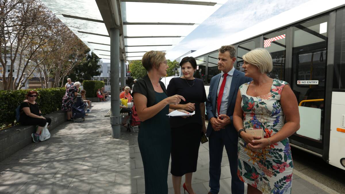 Not on board: Charlestown MP Jodie Harrison, Labor's transport spokesperson Jodi McKay, Newcastle MP Tim Crakanthorp and Swansea MP Yasmin Catley discussing the new bus timetable in February. Picture: Simone De Peak