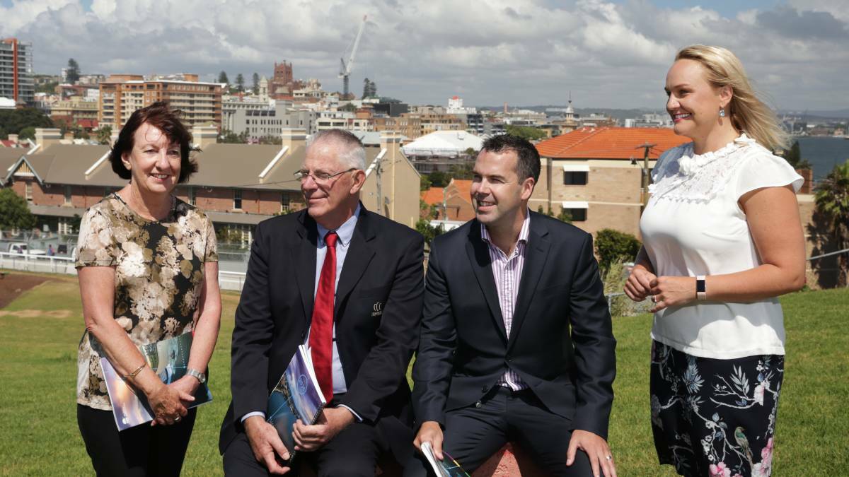 Lake Macquarie mayor Kay Fraser with Cessnock mayor Bob Pynsent, Port Stephens mayor Ryan Palmer and Newcastle lord mayor Nuatali Nelmes at Fort Scratchley when the draft plan was released in November, 2017. Picture: Simone De Peak