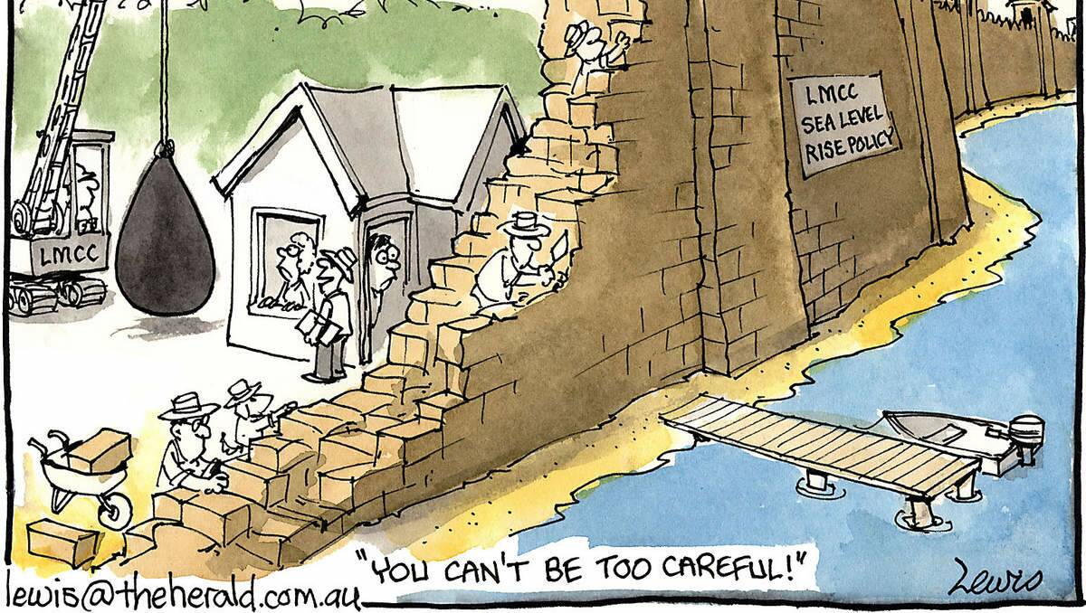 RISING TIDE: Newcastle Herald cartoonist Peter Lewis's take on Lake Macquarie City Council's sea level rise policies.